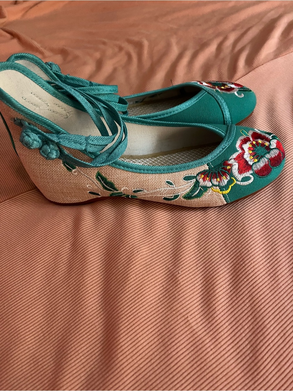 Teal and Cream Embroidered Floral Wedge Flats - Women